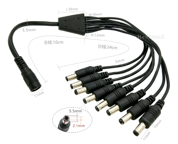 DC Power Jack 5.5x2.1mm supply Splitter Cable 1 Female to 2,3,4,5,6,7,8 way Male for CCTV Security Camera, LE